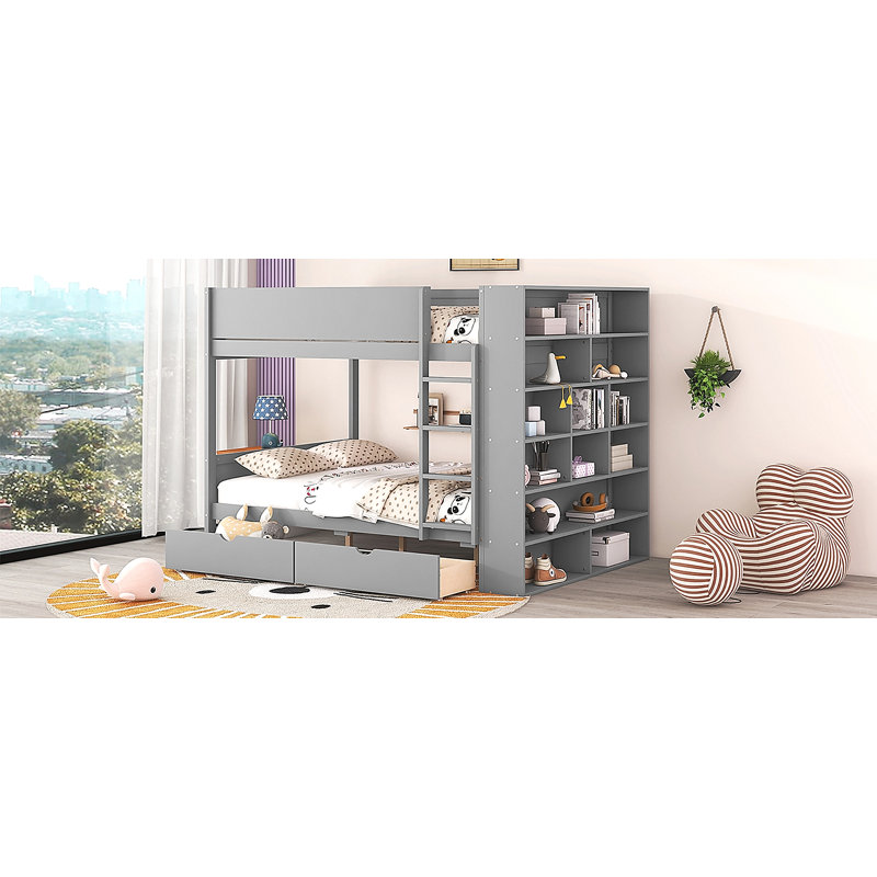 Lit superposé double au-dessus de double avec 2 tiroirs et armoire à couches multiples, Gris