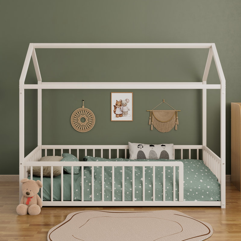 Structure de lit simple en métal de style Montessori avec clôture pour enfants, assemblage facile, sans lattes, blanc, Simple