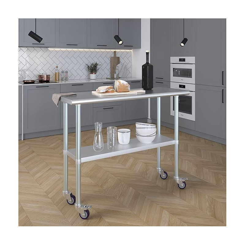 Table en acier inoxydable avec roulettes, H 38 po x L 48 po x l 18 po