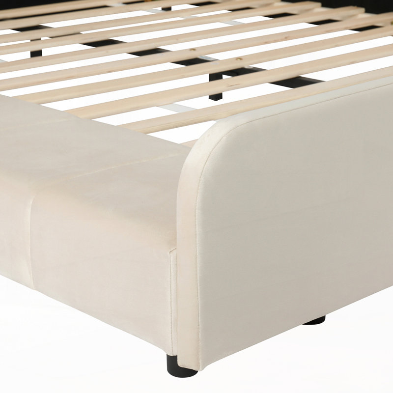Lit tapissier en velours avec bureau de chevet et petit tabouret rond, Beige, Grand lit