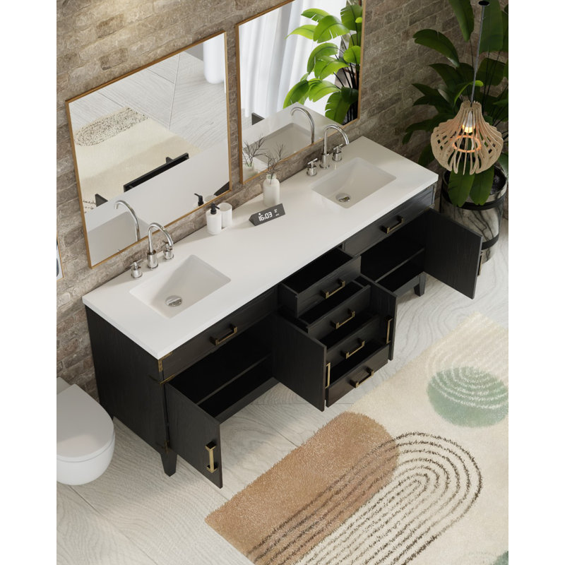 Plateau de meuble-lavabo double l 80 po x P 22 po Laurel, Chêne noir, Quartz blanc