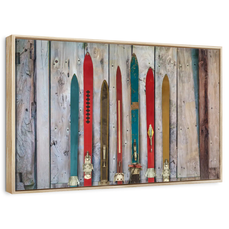 Skis rustiques colorés, Cadre flottant en bois naturel, 43 po x 29 po