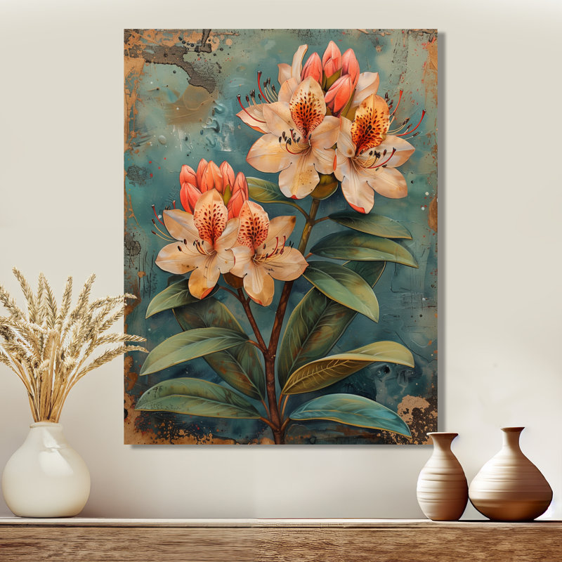 Collage de rhododendrons orange et vert - impression d'art mural rhododendron, Toile tendue, H 34 po x l 44 po