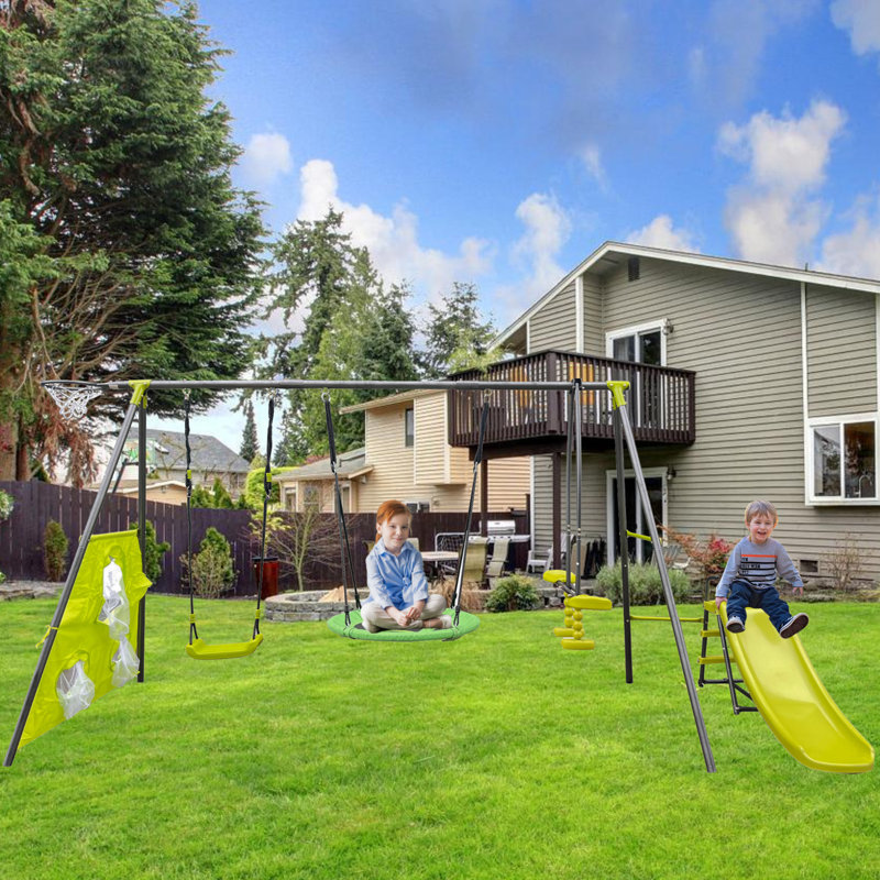 Green Interesting Six Function Swingset With Net Swing Metal Plastic Safe Swing Set 440Lbs For Outdoor Playground For Age 3+ With 31.5In Net Swing