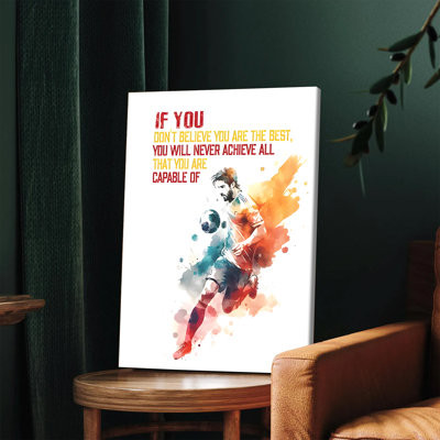 1PC Wall Arts Posters Framed, Inspirational Soccer Player Canvas Wall Art Motivational Quote Decor for Home Office Gym Sports Fan Gift Watercolor Style Football Themed Print Positive Encouragement Wall Decor