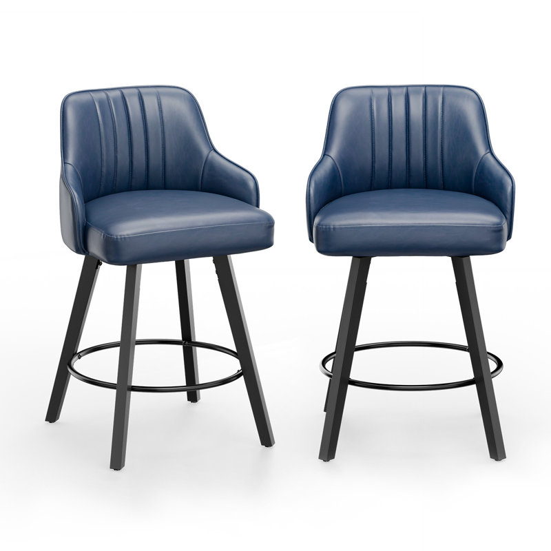 Tabouret de bar moderne rembourré et rembourré en cuir de polyuréthane épais avec pieds en bois, Bleu, 2