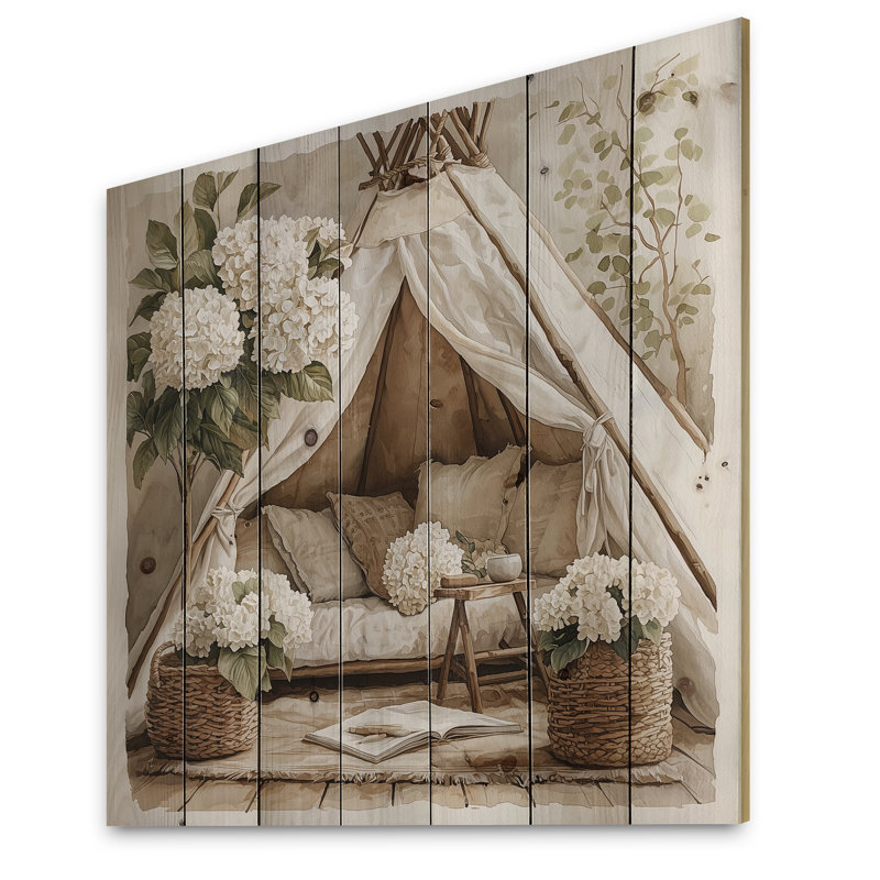 Boho hortensias dans un tipi boho II - décoration murale en bois d'hortensia - sur bois de pin naturel
