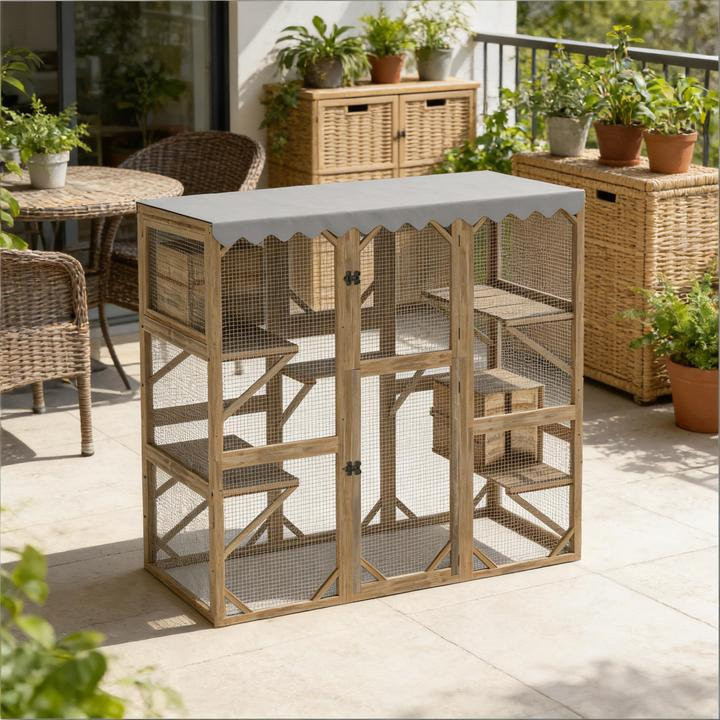 Enceinte de chat extensible 59 po en bois à 59 niveaux avec 4 portes connectables, brun