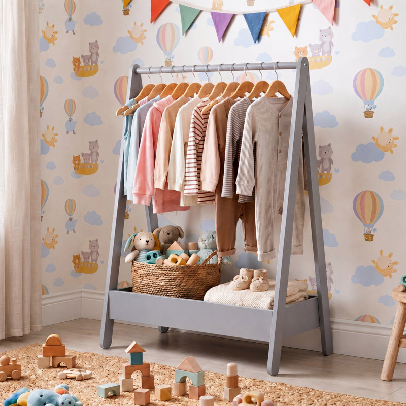 Kids Clothes Rack With Hanging Rail & Lower Storage Shelf For Bedroom And Playroom Organisation, Grey