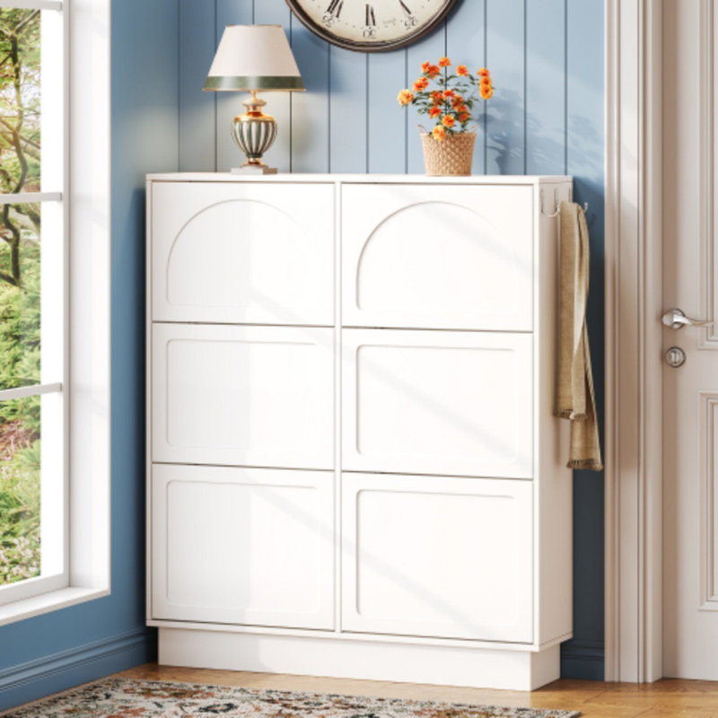 Armoire à chaussures étroite 24 paires avec 6 tiroirs rabattables, Blanc