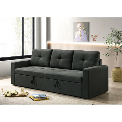 3 - Coussins d'assise pour canapé-lit en tissu gris foncé, 212 cm de largeur, 75,3 cm de profondeur, 88,3 cm de hauteur, 61,4 kg, lit gigogne 179 cm de largeur x 114,3 cm de profondeur, 39,4 cm x 185,4 cm de largeur, dossier 52,1 cm x 44,5 cm, 57,2 cm x 2,5 cm de hauteur, pieds en plastique noir, assises rembourrées de mousse.