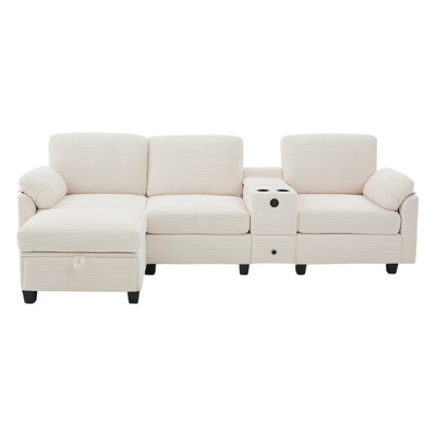 Modern Corduroy Sectional Sofa with Storage Ottoman, Cup Holders, and USB Charging Ports