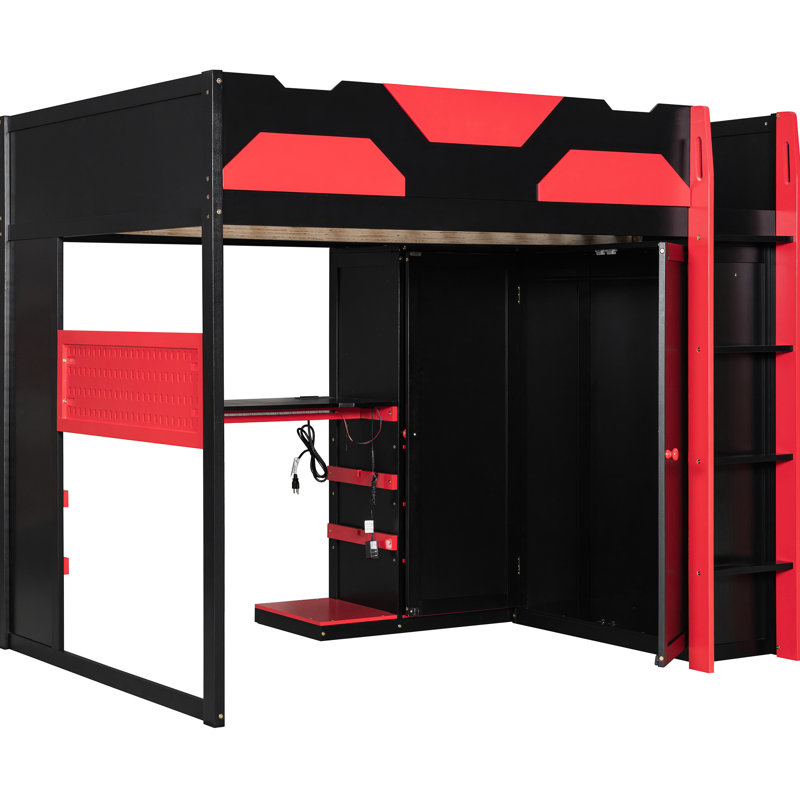 Lit mezzanine double rouge avec bureau de jeu, bande, charge et espace de rangement compact pour une petite chambre à coucher