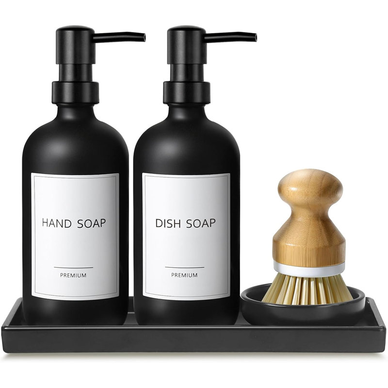 17 fl oz Dish Soap Dispenser with Ceramic Tray & Bamboo Brush for Kitchen, 2Pcs Matte Black Glass Hand and Dish Soap Dispenser Set