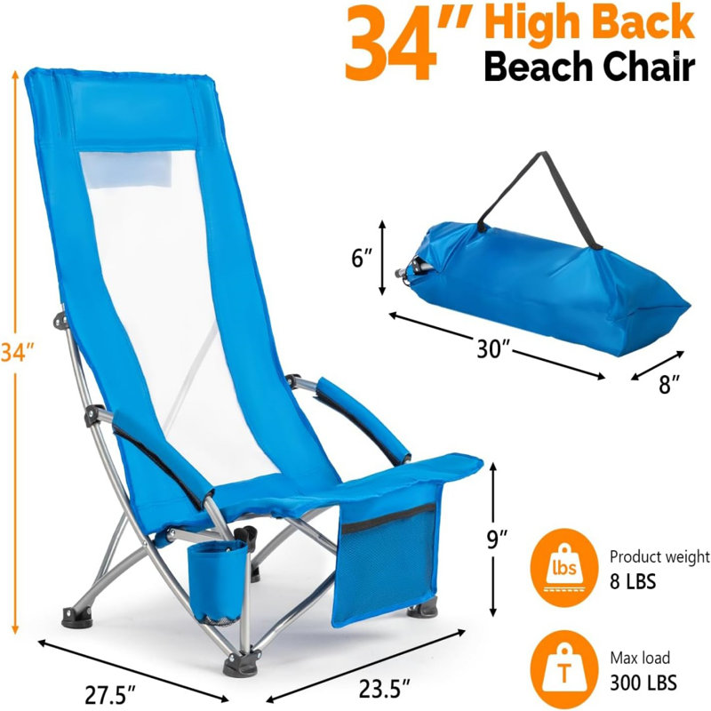High Back Foldable Portable Backpack Beach Chair With Carry Bag Set Of 2, Blue
