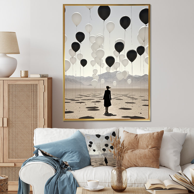 Minimalisme Deset Balloon Scenery sur toile, Cadre flottant doré, H 32 po x l 16 po x P 1 po