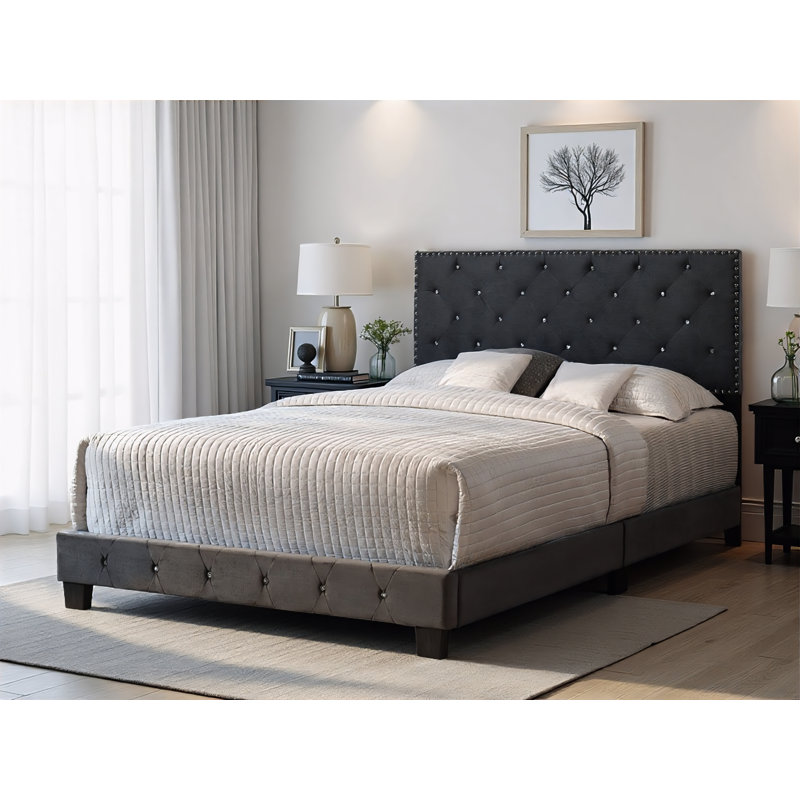 Lit double en velours Modena, Gris, Double