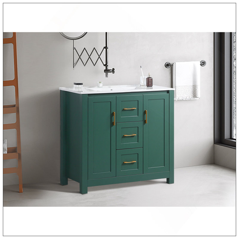 Élégant meuble-lavabo de salle de bain de 36 po avec lavabo simple, meuble-lavabo encastré, armoire de rangement avec 2 portes et 2 tiroirs, fermeture en douceur, rangement multifonctionnel
