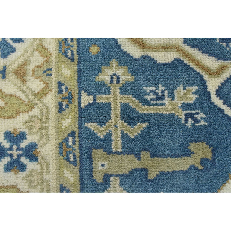Tapis bleu / jaune en laine noué à la main de conception unique 4 pi 2 po x 5 pi 10 po