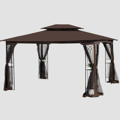 Outdoor 13X10 Gazebo With Double-Tiered Roof And Waterproof Cloth - Brown Stable Iron Frame