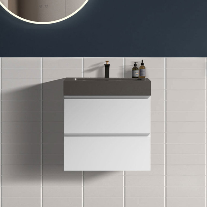 Meuble-lavabo simple mural 24 po avec surface solide avec trop-plein, 24 po, pré-assemblé, Noir mat, 24", Blanc