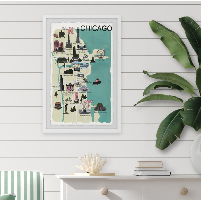 Carte illustrée de Chicago, reproduction d'art graphique sur papier, H 45 po x l 30 po x P 1,5 po