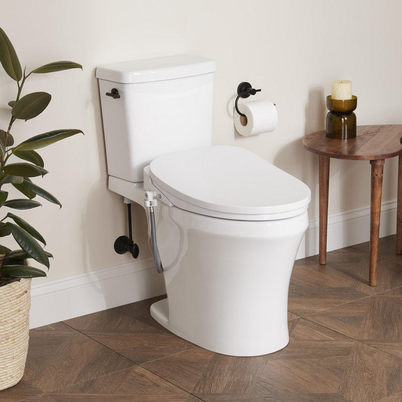 Millspring Low-Flow Two-Piece Elongated Toilet with Bidet Seat - White - Matte Black Handle, Matte Black