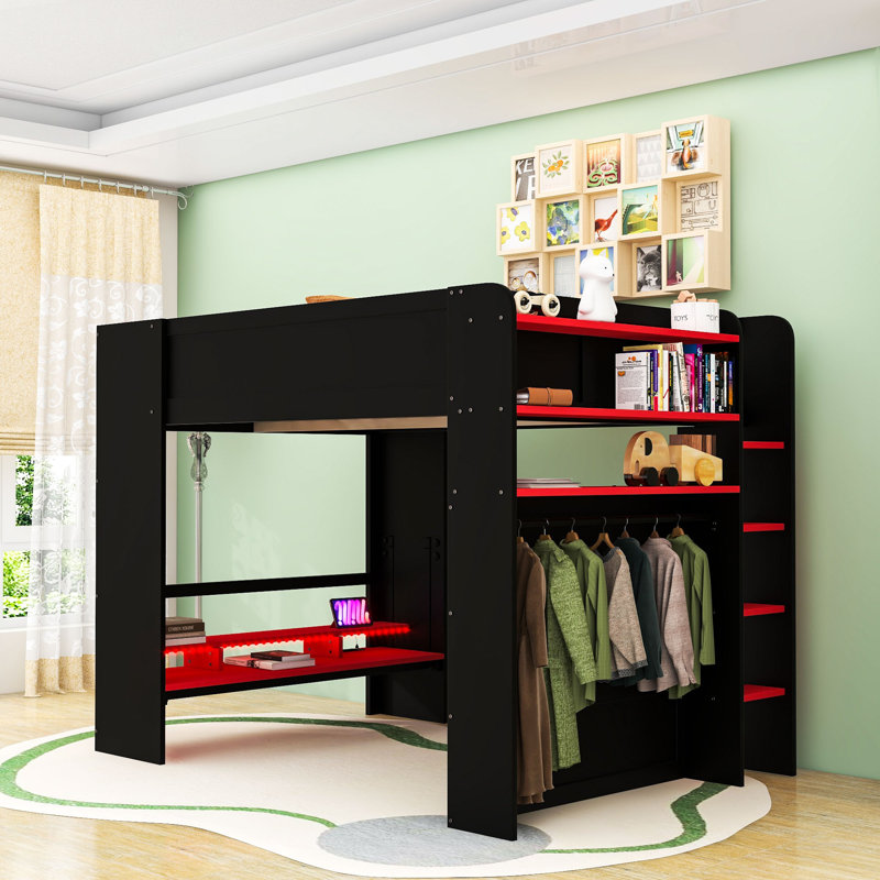 Lit mezzanine double avec bureau et éclairage RVB, Rouge
