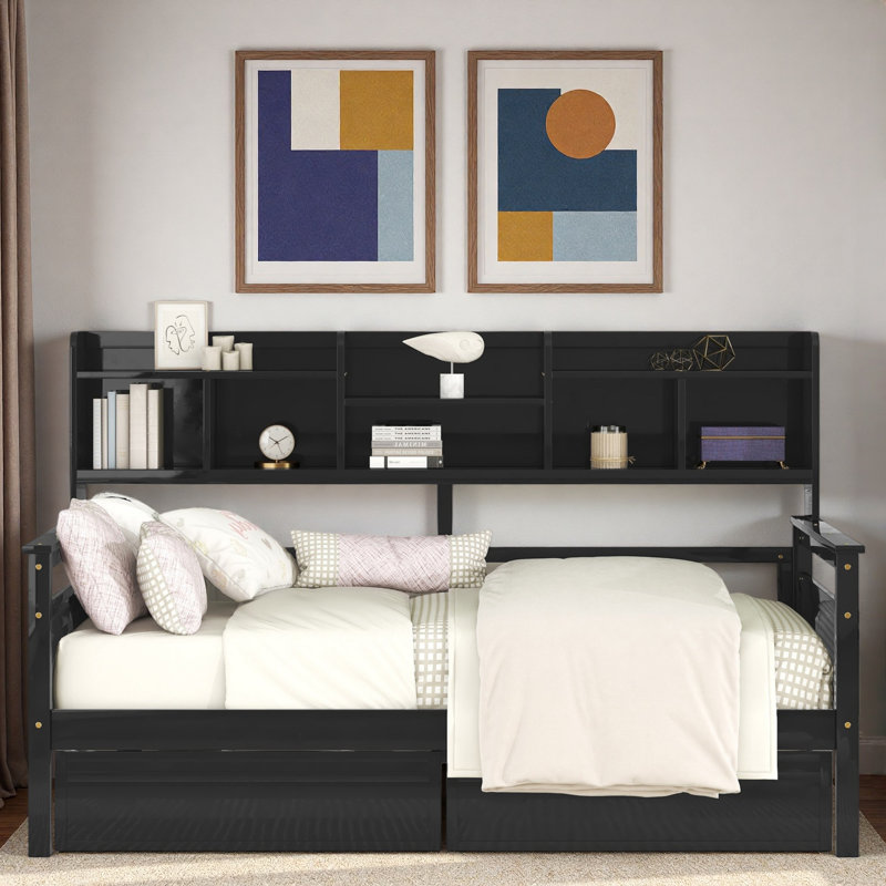 Modern Daybed With Storage Shelves And 2 Drawers, Espresso