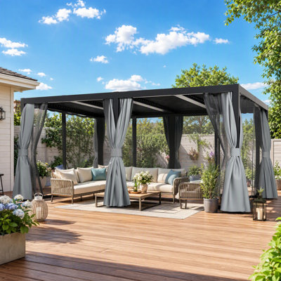Pergola en aluminium de 3,65 m x 4,88 m avec toit à lames orientables, rideaux, brise-vue et moustiquaire, pergola rigide à toit pointu pour patio, cour arrière, terrasse et jardin