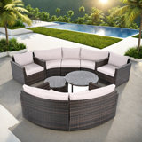 9-pieces Outdoor Half-moon Wicker Conversation Sets With 1 Nesting Coffee Table And Tempered Glass Top