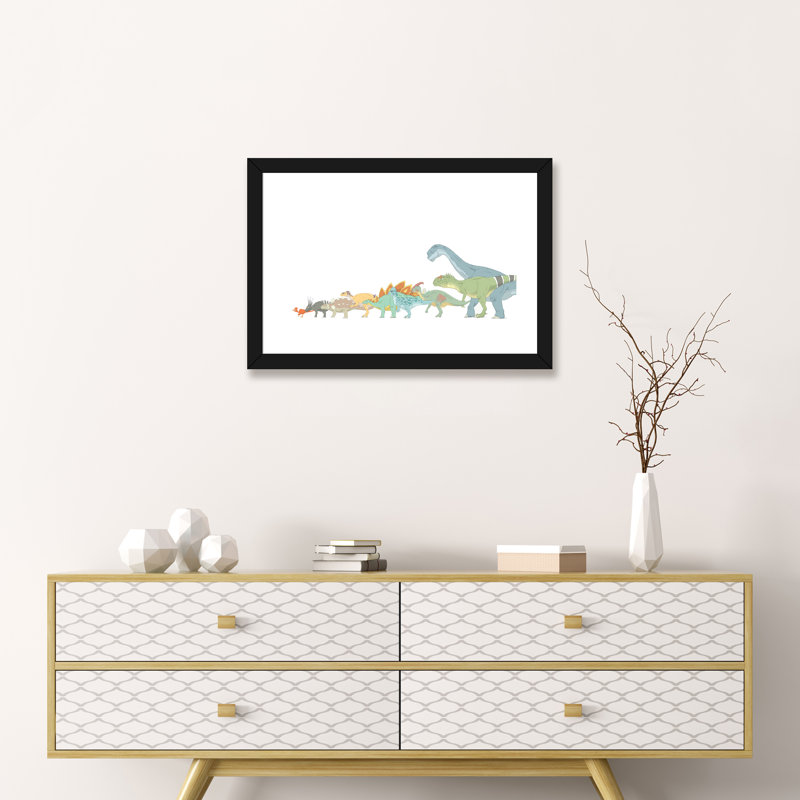 Dessin au crayon illustrant divers dinosaures et leurs tailles comparatives par Alice Turner - impression d'art graphique