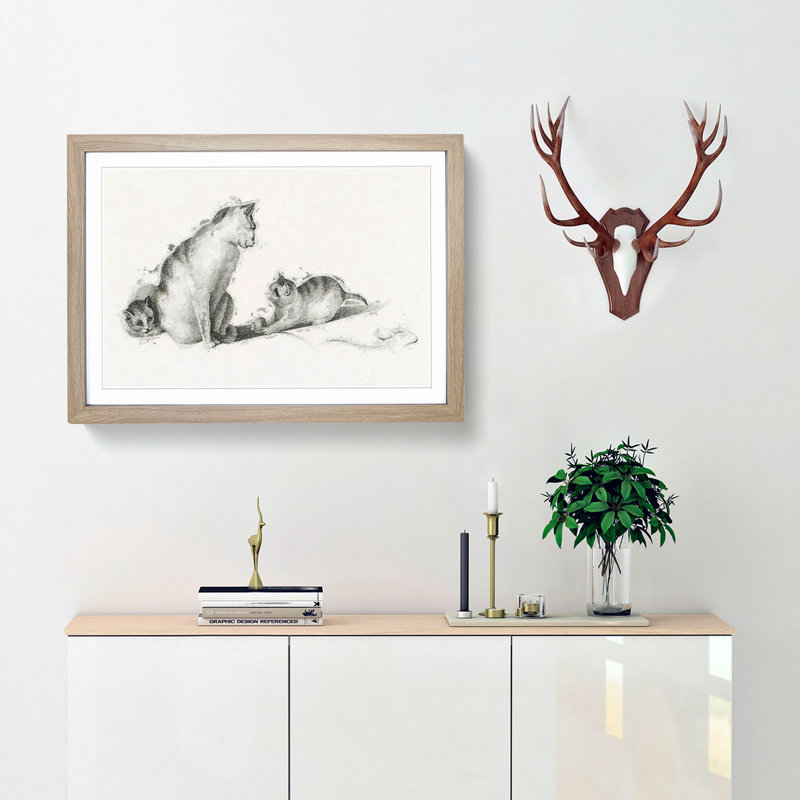 Cat Playing with Kittens by Gottfried Mind - Picture Frame Drawing Print, Oak Framed, 48cm H x 65cm W x 2cm D
