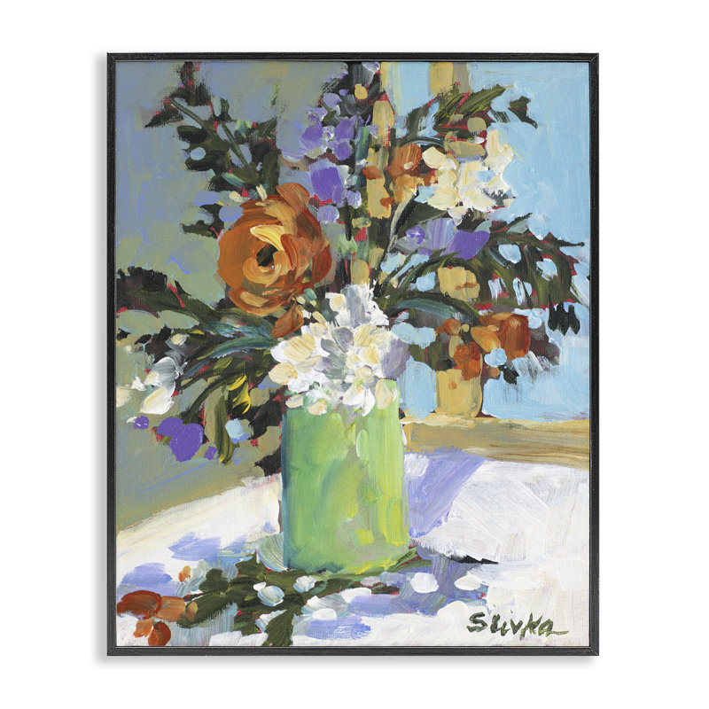 Fleurs dans un vase, estampe numérique, conception de JANE SLIVKA, H 14 po x l 11 po, Giclée encadrée noir minuit