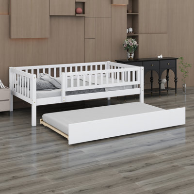 Wood Daybed With Trundle And Fence Guardrails