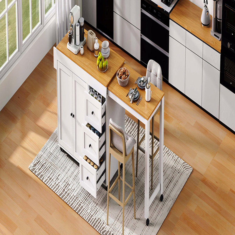 74.8" White Extendable Kitchen Island - Rolling Cart With Dining Table, 3 Drawers, Power Outlet, Spice Rack & 2-door Cabinet