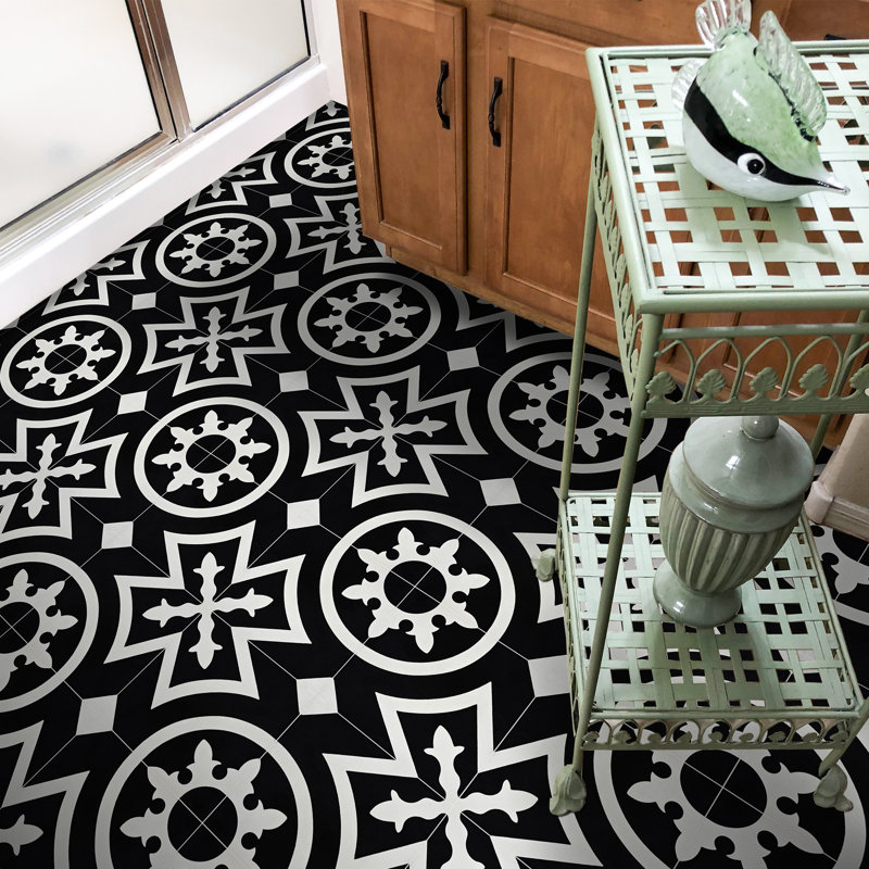 Ozod 8" x 8" Cement Patterned Wall & Floor Tile, Black/White