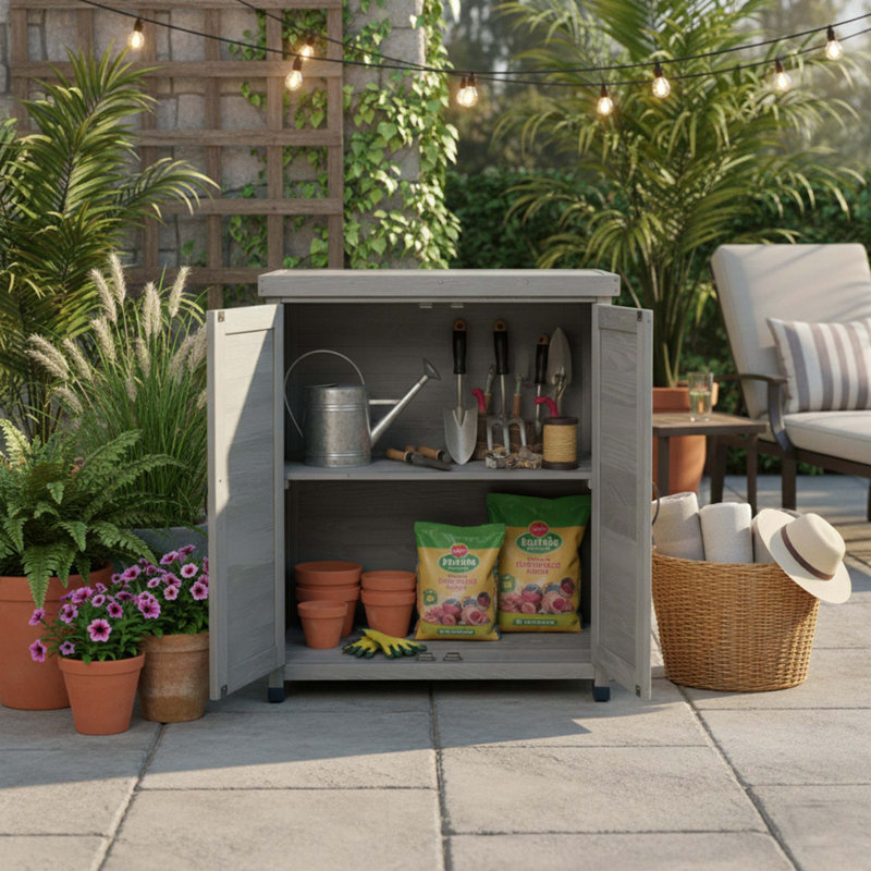 Potting Bench With Storage Cabinet And Metal Table Top For Outdoor Patio, Gray