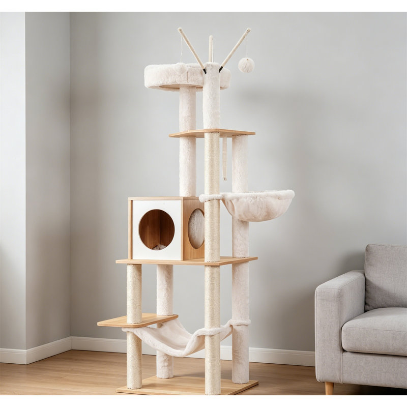 Arbre à chat 66,1 po en bois avec poteaux à griffer, hamacs et condo pour chats d'intérieur, Noyer