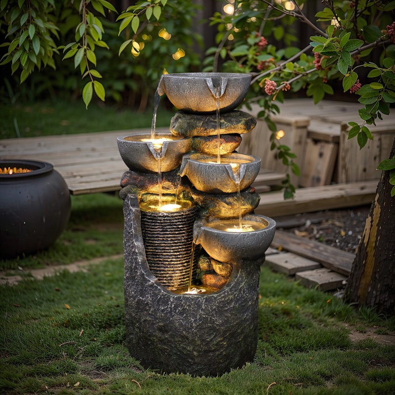 24.8'' H Modern Polyresin Outdoor Water Fountain with LED Lights, Multi-Tier Bowl Waterfall Fountain with Adjustable Flow