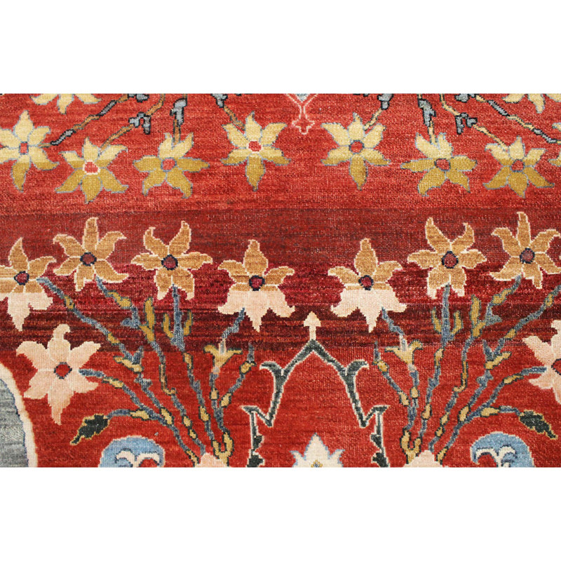 Tapis rectangulaire en laine / viscose noué à la main rouge / noir / bleu, Rectangle 8 pi x 10 pi