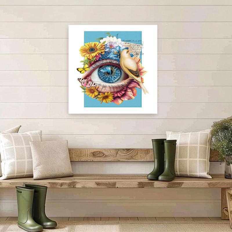 «Whimsical Eye Floral Bird», 32" H x 32" W