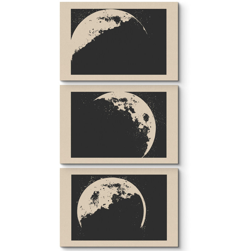 "Phases monochromes de la lune - lunaire noir et beige" - 3 pièces, H 16 po x l 24 po, Toile tendue