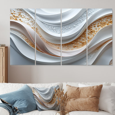 «White and Gold Fractal Marble Waves III - Abstract Spirals», ensemble d'art sur toile