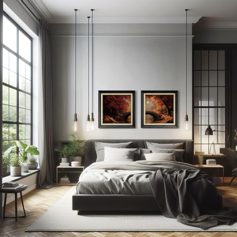 Autumn Forest Moonlight Stone Bridge Landscape - Art mural encadré en papier dans la chambre principale, 2 pièces, Noir