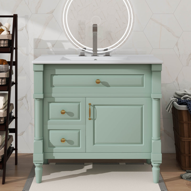 Meuble-lavabo autoportant de 36 po avec lavabo en céramique, tiroir rabattable, tablette réglable, structure en bois d'hévéa et panneaux de fibres à densité moyenne