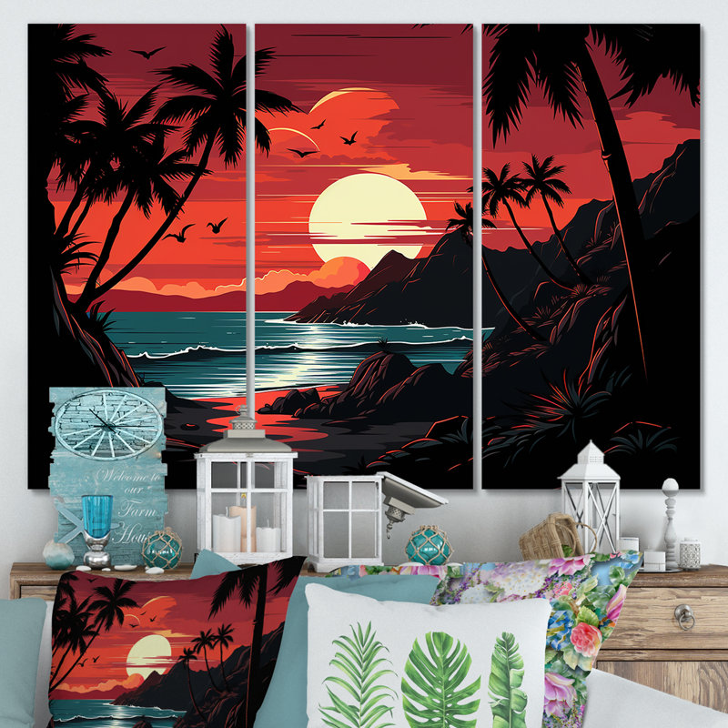 Coucher de soleil rouge audacieux paysage - coucher de soleil côtier, art mural, Toile tendue, H 28 po x l 36 po x P 1 po