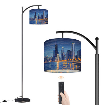 Arc Floor Lamp with Adjustable Lampshade Glowing Chicago Skyline Standing Lamp 3 Color Temperatures Dimmable Tall Pole Lamp with Foot Switch for Bedroom