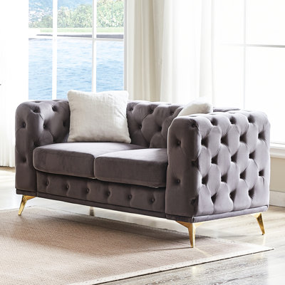 63.07 - Inch Velvet With Buttoned Design, 2 Pillows, Solid Wood Frame, Comfortable For Three People Inch, Acclaimed , Metal Legs, High Density Spring Foam Cushions, Living Rooms