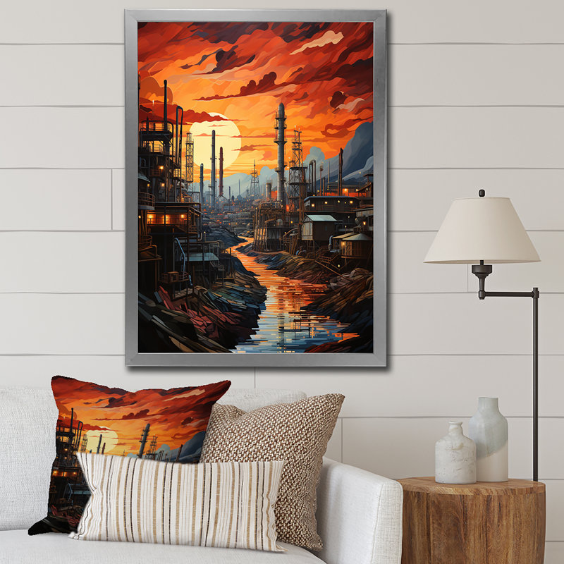 Semarang " Orange Oil Rigs Oil Odyssey ", 40" H x 30" W x 1.5" D, Silver Picture Framed